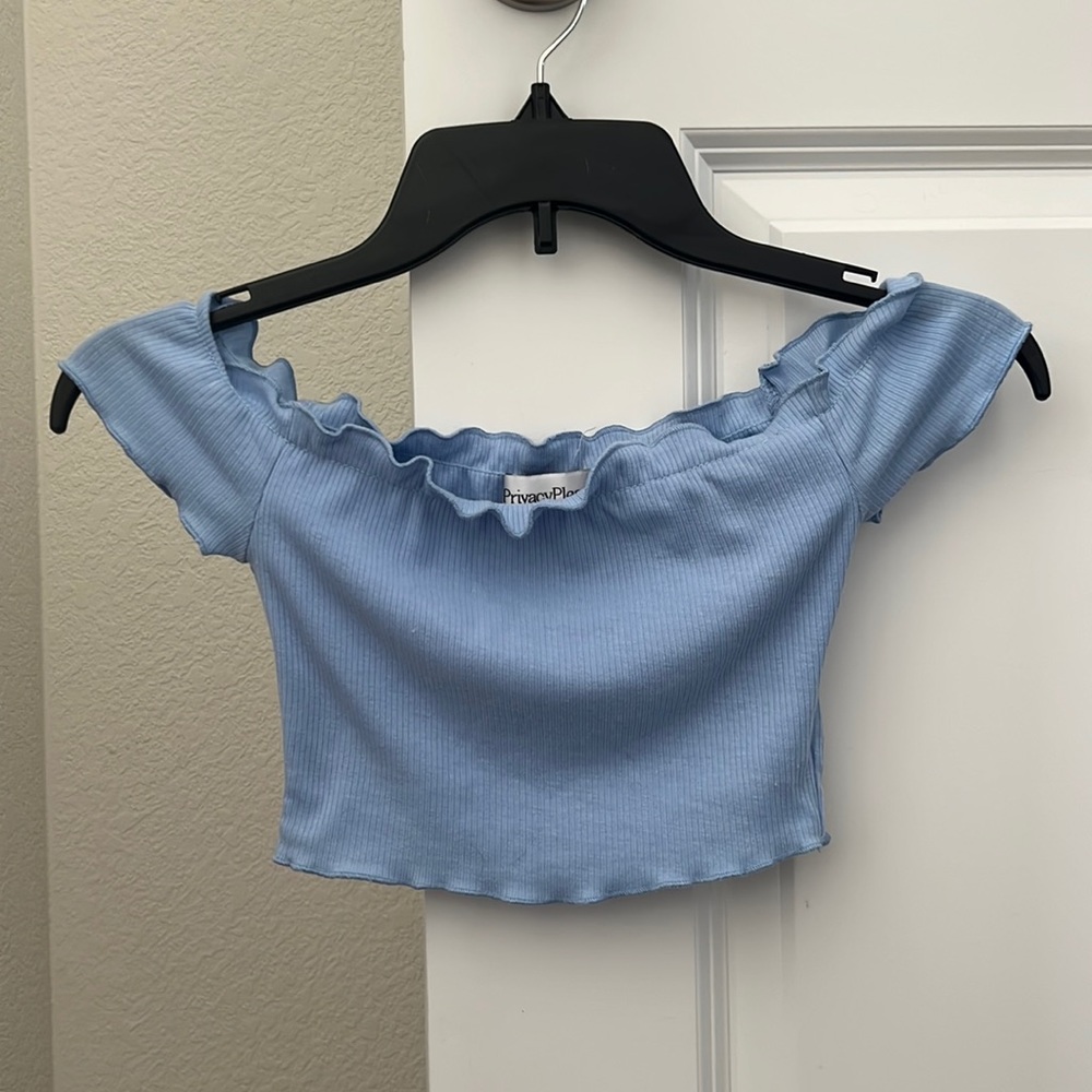 Privacy Please Light Blue off the Shoulder Crop - XXS